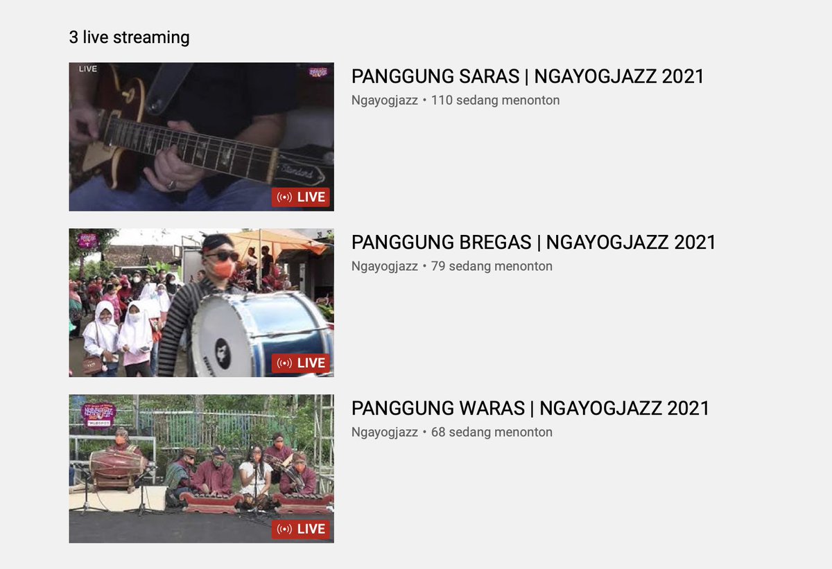 Silakan dipilih ya honn tiap panggung sudah siap untuk ditonton. Selamat menikmati #Ngayogjazz2021.

Panggung Saras - youtube.com/watch?v=NYakPC…

Panggung Bregas - youtube.com/watch?v=0J_sWu…

Panggung Waras - youtube.com/watch?v=NrdPED…