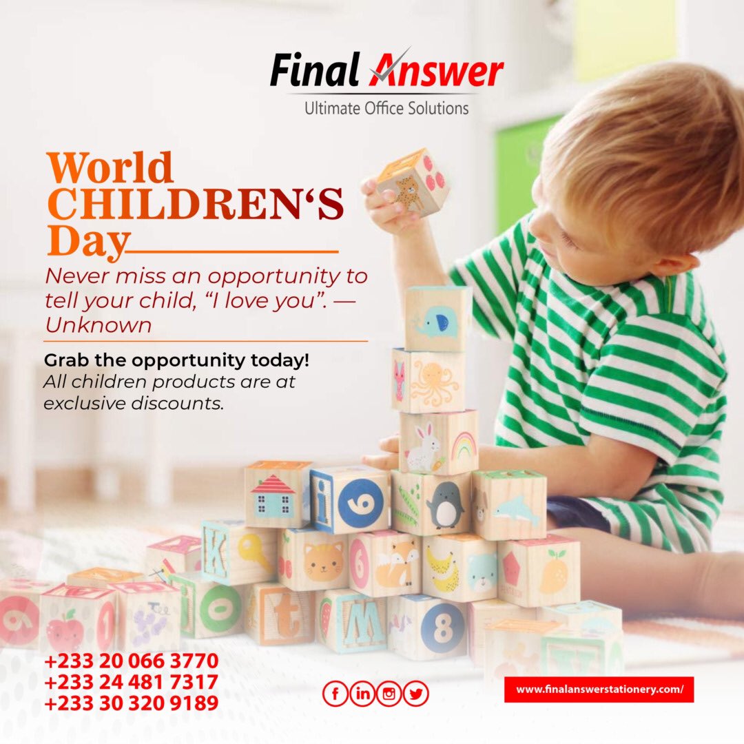 FinalStationery's tweet photo. Make your child happy today!

Celebrate Children's Day with exclusive deals on children's products #instore or #online via https://t.co/dW0Bnqod2V

Reach us on ☎️0200663770 / 0244817317 to place an order and have it delivered nationwide.

#worldchildrensday2021
#MaxTv 
#MTTU Kidi https://t.co/ke23OirCAI