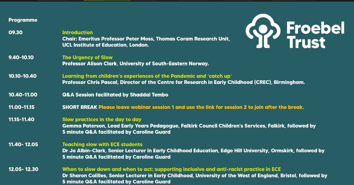 Here we go my Froebelian friends! On <a href="/UN/">United Nations</a> Children's Day we talk about slowing down acceleration of childhood <a href="/FroebelTrust/">Froebel Trust</a>  #urgencyofslow <a href="/WestrayAlison/">Prof Alison Clark</a> <a href="/christinepascal/">Dr Chris Pascal</a> @sharoncolilles @CriticalEYears