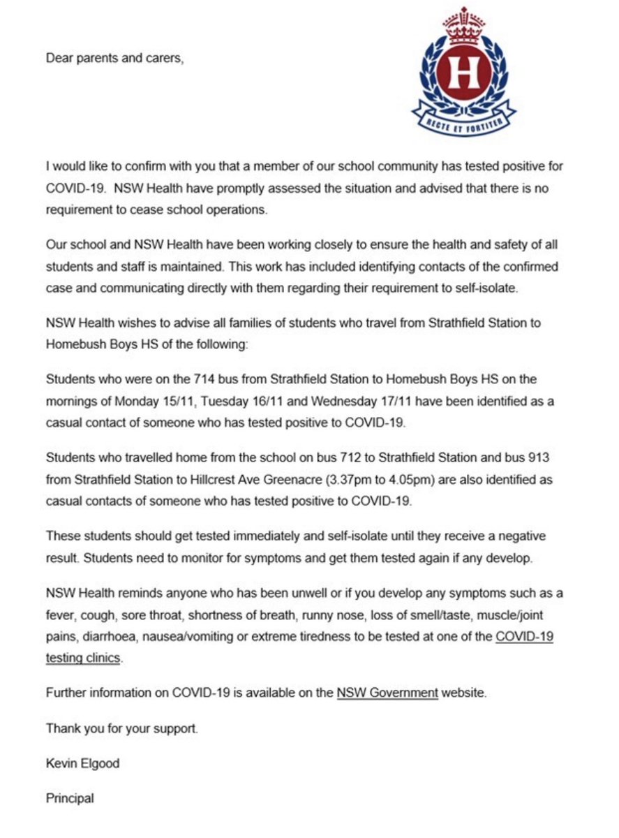 Please see the image below for important information from NSW Health regarding Homebush Boys High School. Thank you. Kevin Elgood, Principal.