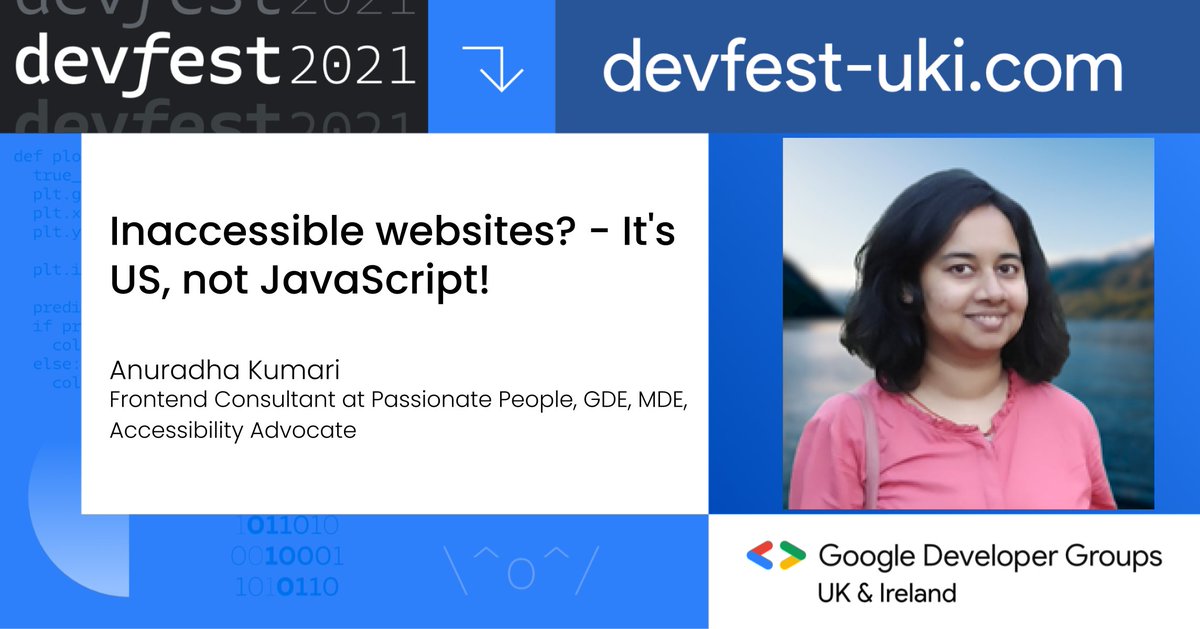 DevFest_UKI's tweet photo. 🗨️TALK HIGHLIGHT! "Inaccessible websites? - It's US, not JavaScript!" by @miracle_404

Join us for this Hybrid (in-person &amp; virtual) event
📅 Saturday, January 29, 2022
🎟️ https://t.co/LygINQQoHR
🌍 London

#devfestuki #diversity #inclusion #equity #web #uiux #accessibility https://t.co/8WZdpFMRKG