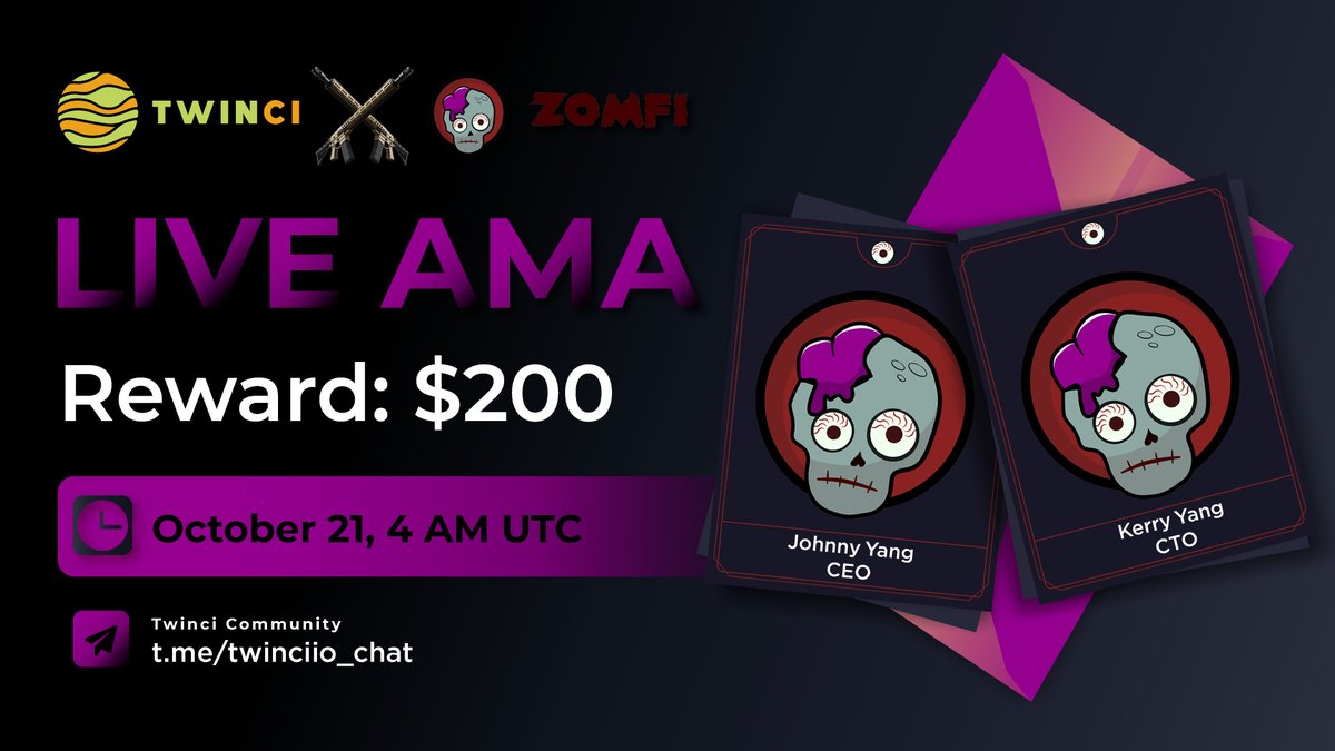 ✨ AMA @Zomfitoken with <a href="/twinciio/">Twinci</a> 👻

1️⃣ Follow @Zomfitoken &amp; <a href="/twinciio/">Twinci</a>
2️⃣ RT &amp; Tag 3
3️⃣ Comment your question 

🗓 Time: October 21, 4 AM UTC 
🚩 Venue: t.me/twinciio_chat

 💰 $200 USDT will be awarded for best questions.