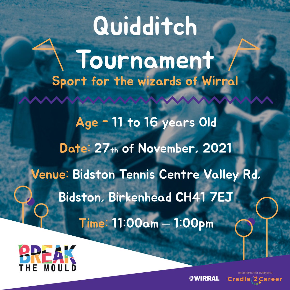 BreakTheMouldGB's tweet photo. 💫Are you a talented #witch or #wizard?

🏐🧙⚡️Come and join us for some fun at our #Quidditch Tournament! 

📅Sat 27th Nov
⏰11am-1pm
👥11-16 year olds
📍 #Bidston Tennis Centre, Valley Rd, #Birkenhead, CH41 7EJ

💌 To sign up just send us a direct message!✨

#wirral #sports https://t.co/0BWm9gcOgA
