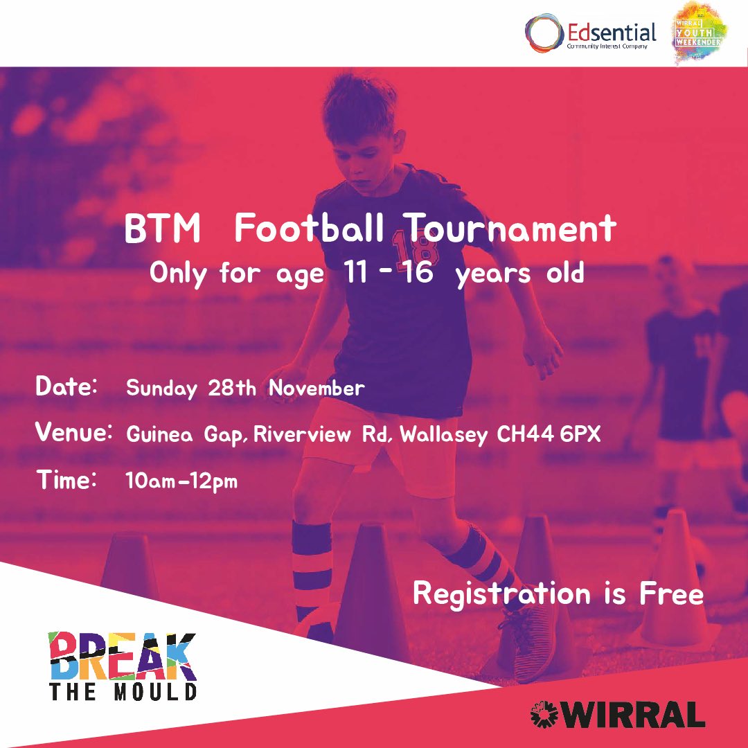 BreakTheMouldGB's tweet photo. ⚽️🔴🔵Could you be the next #Liverpool or #Everton top goal scorer?!

🥅🏃🏼Fancy having a kick about with us?

📅Sun 28th Nov
⏰10am-12pm
👥11-16 year olds
📍 Guinea Gap, Riverview Rd, #Wallasey, CH44 6PX

💌 To sign up just send us a direct message!✨

#wirral #sports #football https://t.co/5vCyvnie4H