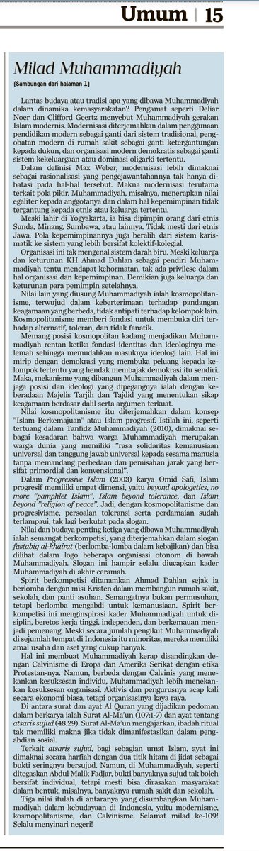najib_lipi's tweet photo. Muhammadiyah sering dilihat sbg gerakan purifikasi yg anti-budaya lokal. Lantas, nilai &amp; budaya spt apa yg diusung @muhammadiyah selama 109 tahun adanya di Nusantara? 

Setidaknya ada tiga: Modernisme, Kssmopolitanisme &amp; "Calvinisme
 https://t.co/RcNsiaeGHx #Milad109Muhammadiyah https://t.co/bRswrFLaMk