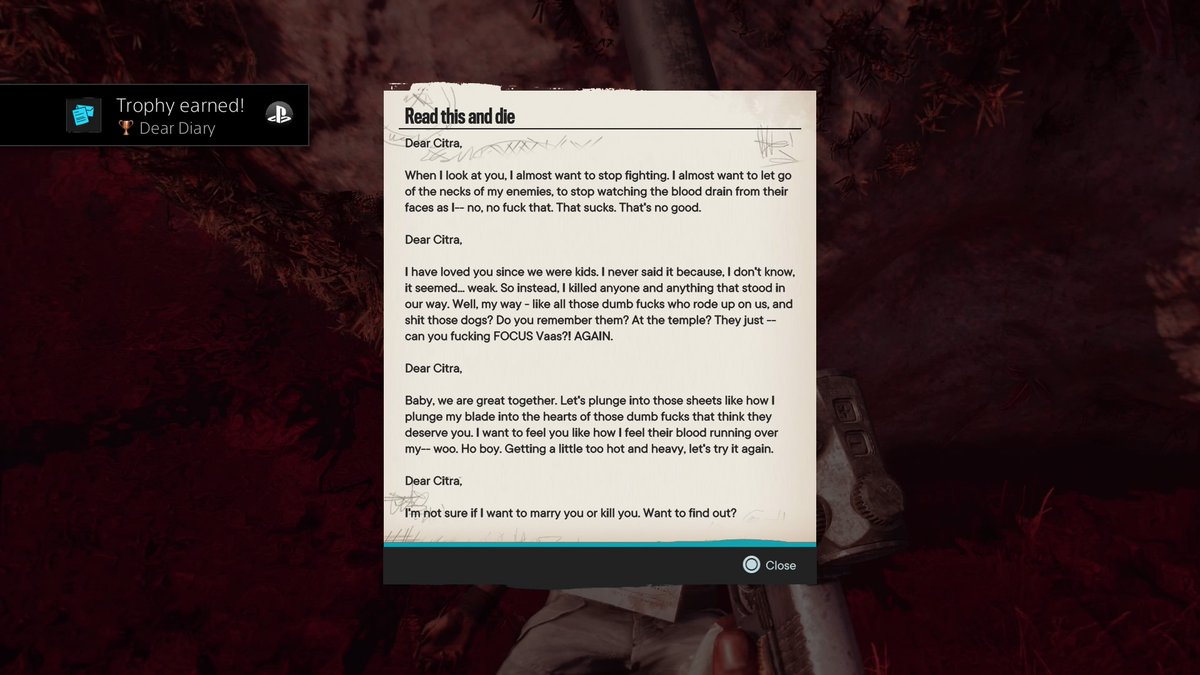 Drevilfinger's tweet photo. Far Cry® 6
Dear Diary (Bronze)
Collect all of Vaas' Diary Pages #PS4share https://t.co/9Fu5gwtbhT https://t.co/EUF2J8kxoX
