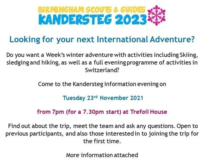 NEW ADVENTURES INCOMING!! ✈️⛷️🏂

Open to Guides (12+), Rangers and all Volunteers the trip is jointly organised with @BirminghamScout 😎 Join us on Tuesday 23rd or for more information please contact girlguidingbham@btconnect.com

#GirlguidingBham #Kandersteg #International