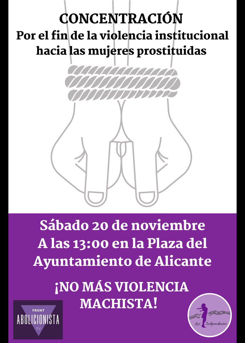 Porque las mujeres prostituidas son las víctimas del sistema prostitucional,deben de ser entendidas como
#VíctimasDeViolenciaMachista 
Paremos la
#OrdenanzaDeLaVergüenza en Alicante.
Las Cortes Valencianas han aprobado una 
#PNLabolicionista 
y exigimos 
#NormativaAbolicuonistaYa