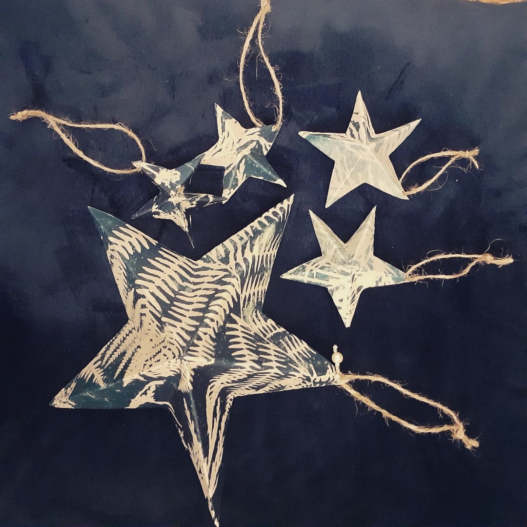 pamkelt's tweet photo. Launching the cyanostars at Dorridge village hall vintage arts/craft fair this afternoon 1-4. Hand-made and plastic-free decorations. #shoplocal #cyanotypes #BlueFernPrints https://t.co/XnWflYcXqK