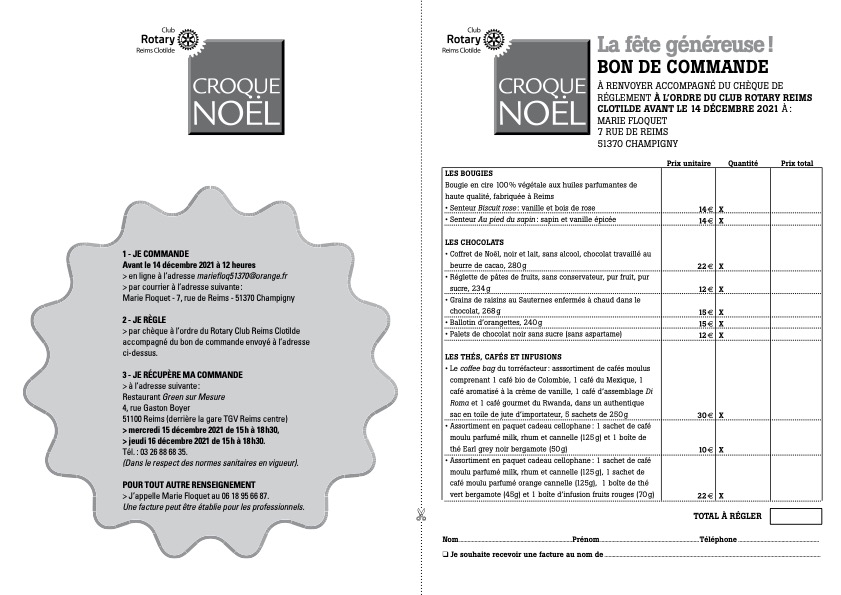 Le Rotary Reims Clotilde avec Les Belles Champenoises d'Epoque, propose "Croque Noël 2021" 
Les bénéfices seront intégralement utilisés pour l’achat de jouets qui seront remis à Association ROSEAU qui aide les enfants atteints de leucémie et de cancer soignés au CHU de Reims.