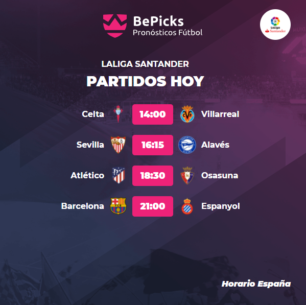 BePicks_Es's tweet photo. #Sábado cargado de partidos en #LaLiga. Os dejamos los #horarios de hoy 🏆🔥!
#CeltaVillarreal
#SevillaFCAlavés
#AtletiOsasuna 
#BarçaEspanyol
Deja tu pick para competir con jugadores de todo el mundo por grandes #premios  por tus conocimientos de #fútbol
https://t.co/IdhwebBvk4 https://t.co/6nfEJECppL