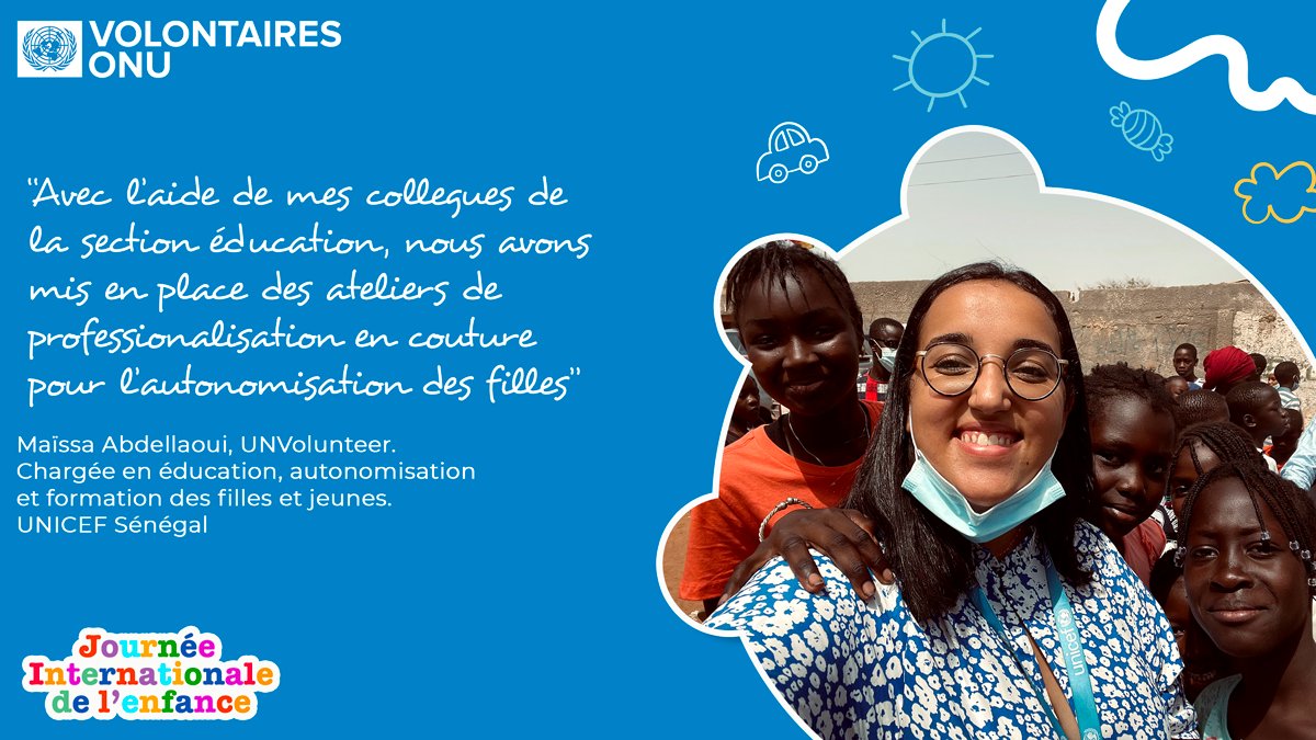 UNV_ROWCA's tweet photo. La #volontaire Maissa Abdellaoui s'efforce de faire en sorte que les jeunes filles 👧 du Sénégal 🇸🇳 reçoivent une éducation complète, bénéficient d'une meilleure hygiène et aient plus de meilleures chances d'accéder au marché de l’emploi.
#UNVolunteers #JourneeMondialedelEnfance https://t.co/XJLkDZFUdL