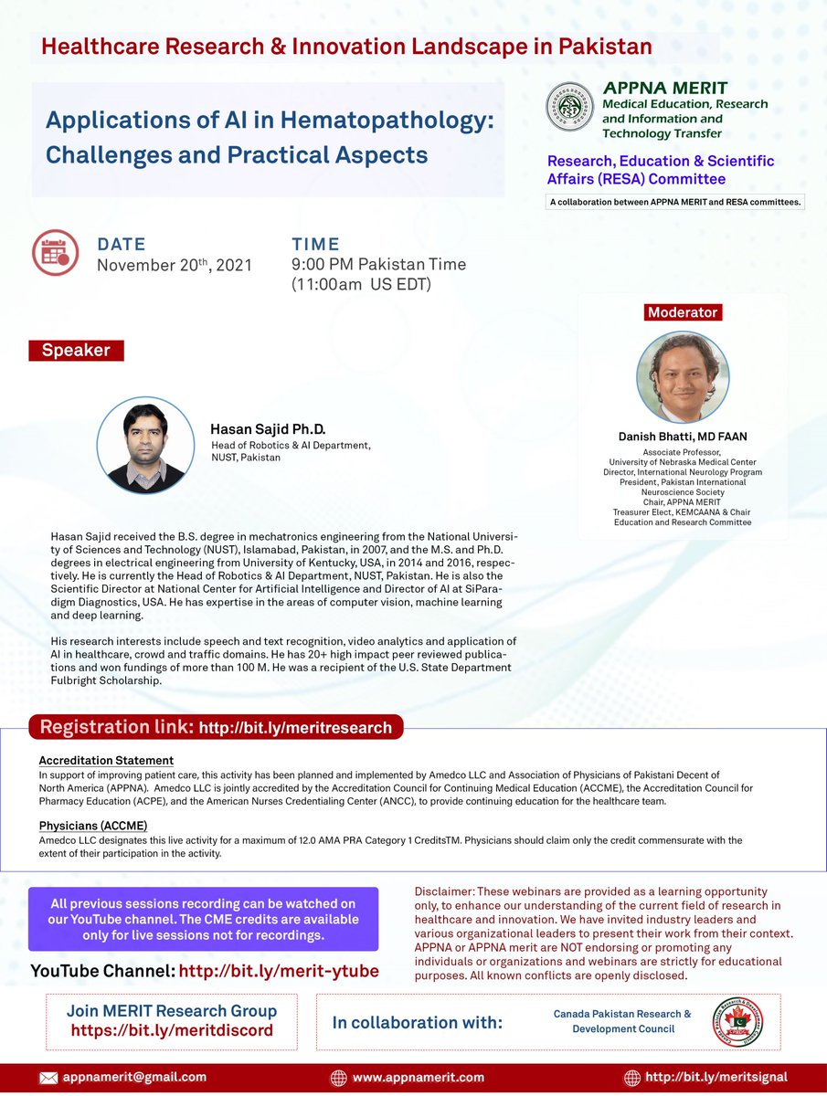 YaranWatan's tweet photo. 🟥 APPNA MERIT WEBINAR!
MERIT Health Care of Research in Pakistan – Webinar Series
Topic: Applications of AI in Hematopathology
📕Saturday, 20th November 2021
🕘9:00 PM Pakistan Standard Time
Registration link: https://t.co/GdvmeFbJeq https://t.co/7xgO42gfTp