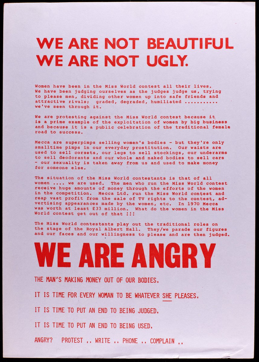 "We're not beautiful, we're not ugly, we're angry!"

#OnThisDay in 1970, members of the Women's Liberation Movement disrupted the Miss World contest bringing global attention to the cause.