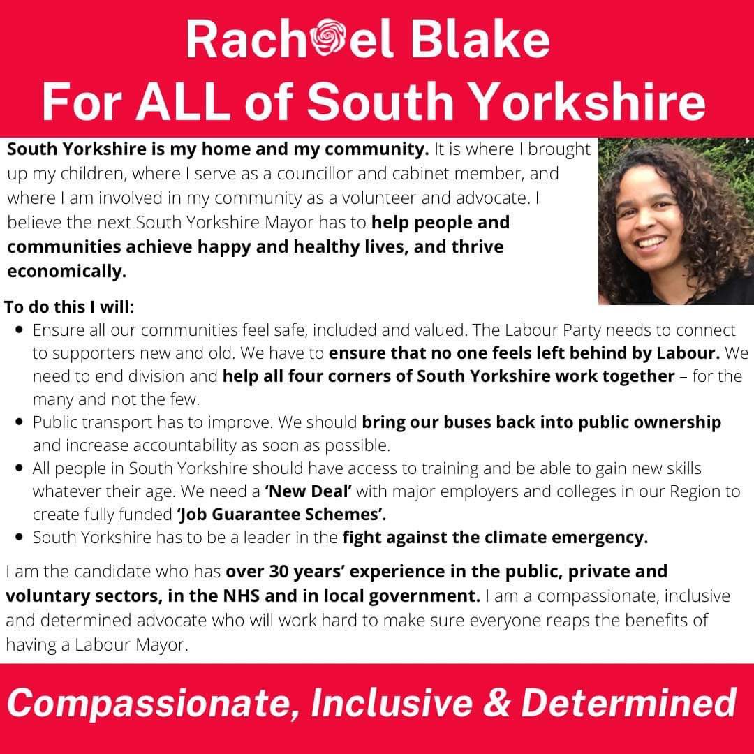 RachaelBlake_DN's tweet photo. Compassionate, Inclusive &amp; Determined

Join me in campaigning for ALL of South Yorkshire 

#MakeNoMistakeImWithRachaelBlake #SouthYorkshire #LabourParty https://t.co/nbQcS6OD69