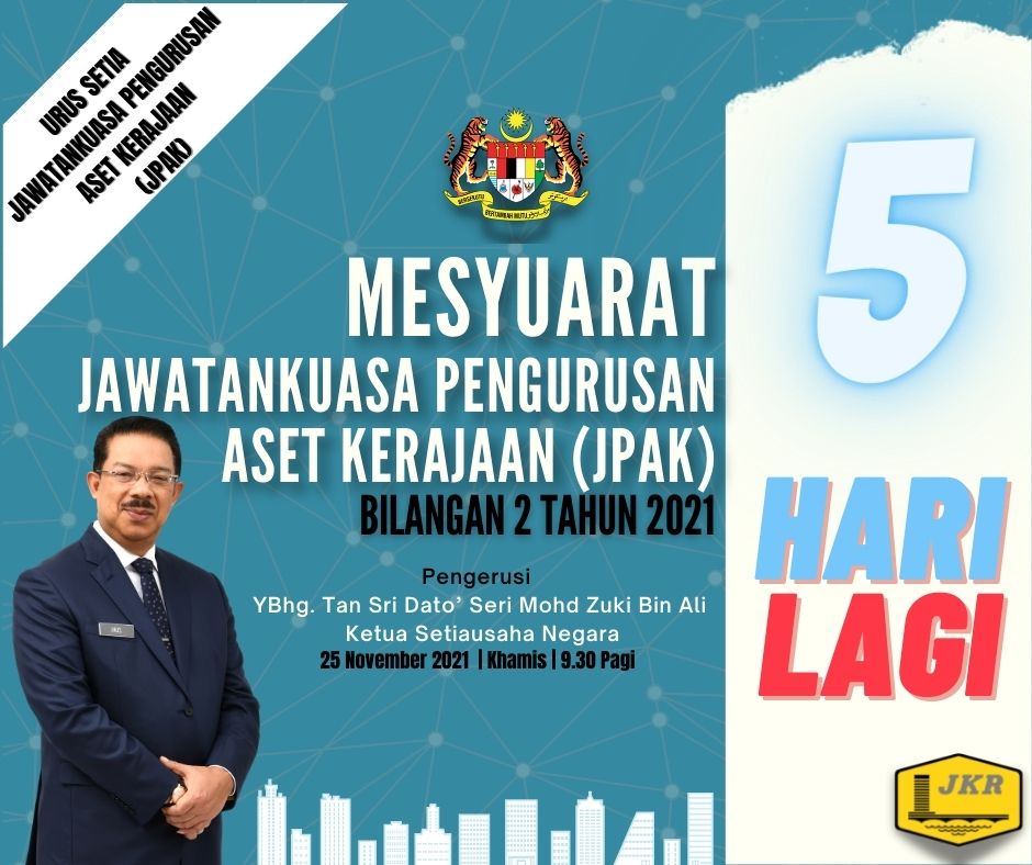 [ 5 HARI LAGI ] 
Mesyuarat Jawatankuasa Pengurusan Aset Kerajaan
(JPAK) Bil 2/2021

#AsetNegaraAmanahBersama 

<a href="/JKRMalaysia/">JKR Malaysia</a> <a href="/IrZulkefly/">Mohd Zulkefly S</a> <a href="/JKRCPAB/">Caw. Perancangan Aset Bersepadu, JKR Malaysia</a> <a href="/UrusetiaJ/">Urus Setia JPAK</a> <a href="/badio64/">Badio</a> <a href="/faizulazln/">Faizul Azlan, Ir</a> <a href="/IrDrAFirdauz/">IrDrAhmadFirdauz</a>