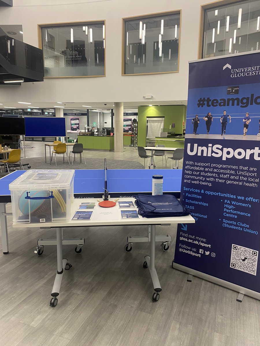 We’re set up for the @uniofglos ‘Find Your Future’ event to talk about physical activity and opportunities with UniSport. Join the event today and come and play Table Tennis #findyourfuture