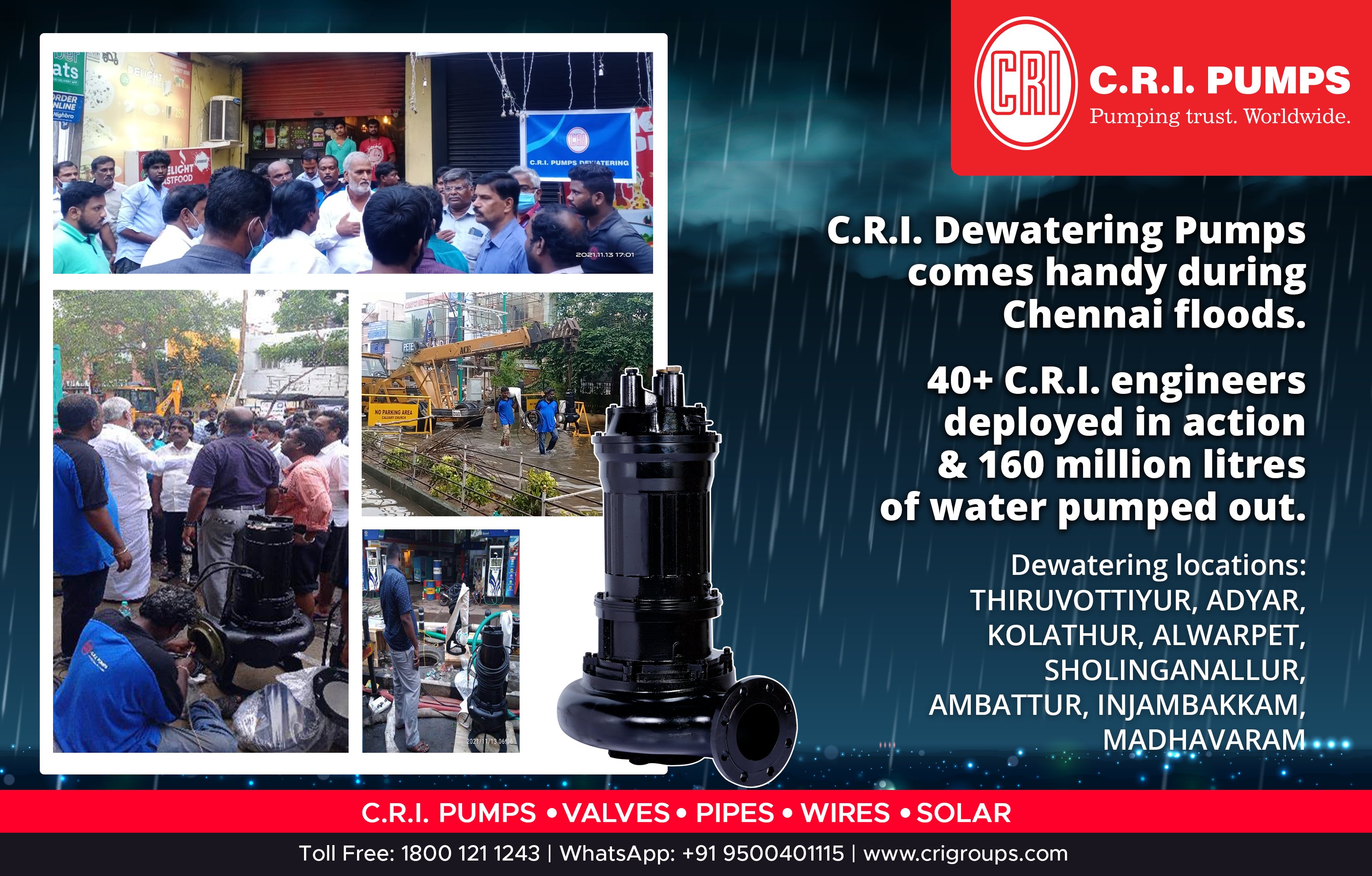 C.R.I. Group on Twitter: "#FloodAlert C.R.I. offers Dewatering Pumps to drain wastewater efficiently. During the recent massive #ChennaiRains 2021, about 160 million litres of wastewater has been out using C.R.I.'s Dewatering