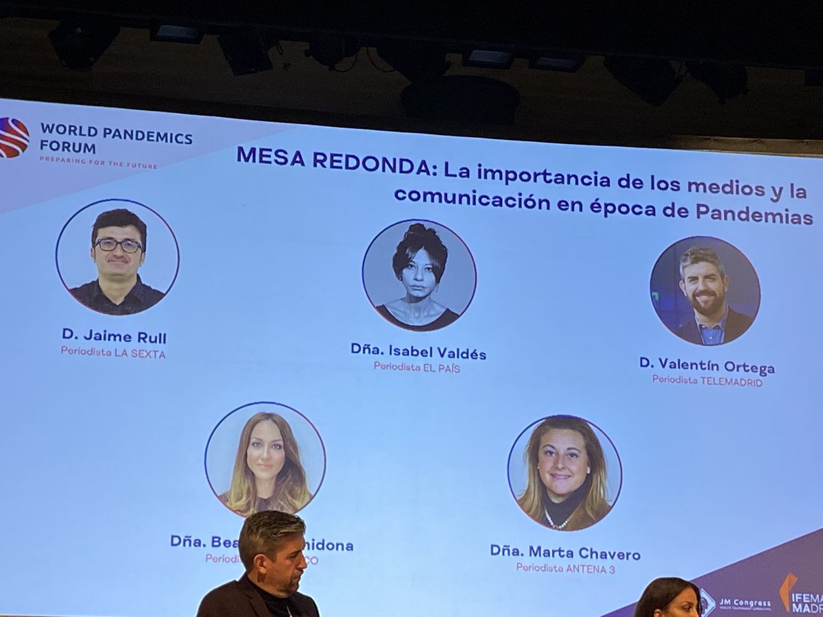 Escuchando la experiencia personal y profesional de los medios de comunicación durante la pandemia <a href="/martachavero/">Marta Chavero</a> <a href="/antena3com/">Antena 3</a> <a href="/jaimerul/">JAIME RAUL</a> <a href="/laSextaTV/">laSexta</a> <a href="/minisashas/">Isabel Valdés</a> <a href="/el_pais_madrid/">EL PAÍS Madrid</a> <a href="/barchidona/">Bea Archidona</a> <a href="/telecincoes/">Telecinco</a> y <a href="/VOrtega511/">Valentín Ortega</a>    <a href="/InformativosTM/">Telenoticias Telemadrid</a> en <a href="/pandemicsforum/">World Pandemics Forum</a>  <a href="/IFEMA/">IFEMA MADRID</a>