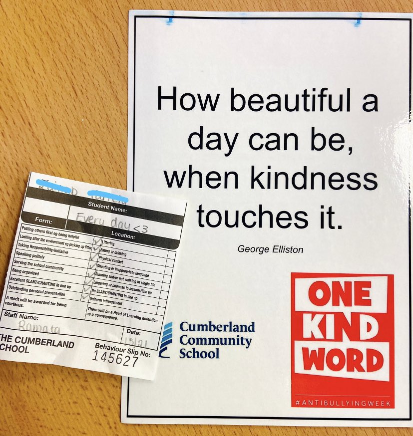 cumberlandcst's tweet photo. As a teacher it feels fantastic to get a positive slip at Cumberland. It’s been lovely to see our prefects getting creative in finding ways to show kindness and gratitude over the past week. #CCStastic #WorldKindnessDay https://t.co/Nkja80vFym