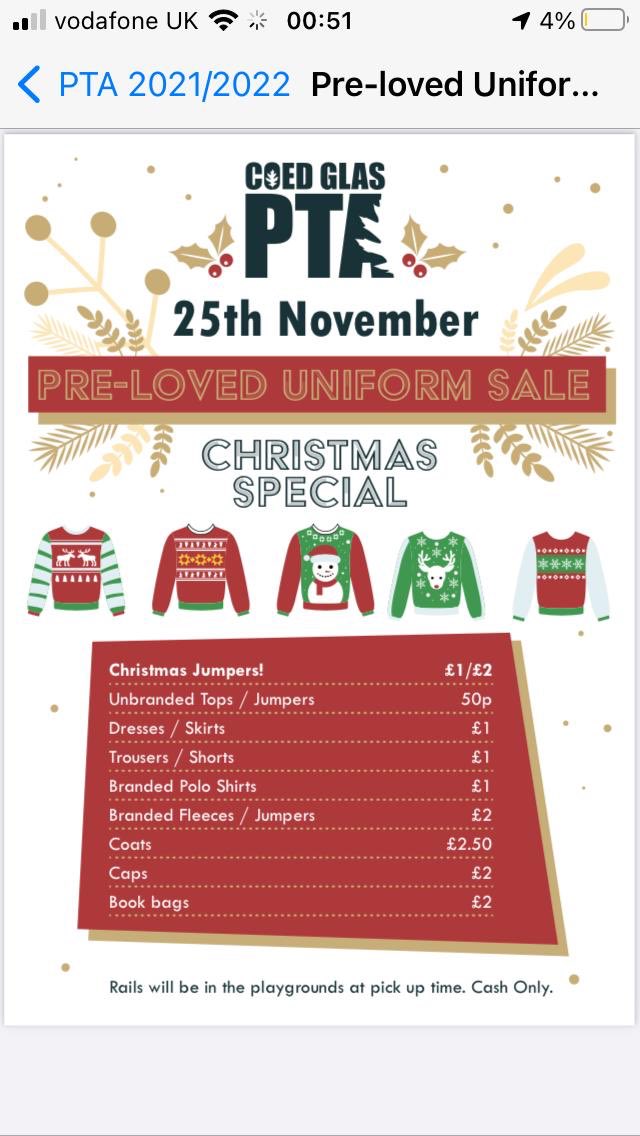 coedglaspta's tweet photo. Having a clear out? Got some outgrown Christmas jumpers and outfits? 

Please donate them to us for @CoedGlas PTA second hand uniform &amp; Christmas special sale. 

Drop them off at the staff entrance at front of school  (next to main hall) https://t.co/FljNd0KwcN