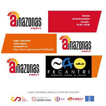 MelinaAlonso1's tweet photo. *Encuentros Amazonas* 
👉🏼Viernes 26 en Lanzarote
👉🏼Sábado 27 en Gran Canaria 
👉🏼Domingo 27 en Tenerife
Inscripción gratuita 🙌🏼. Más info próximamente a través de la página de la fecantri, estén atentas chicas.
Ahí nos vemos 😊💪🏼
@deportegob @fundaciondepjov @TRIATLONSP @fecantri https://t.co/eGufa8rR74