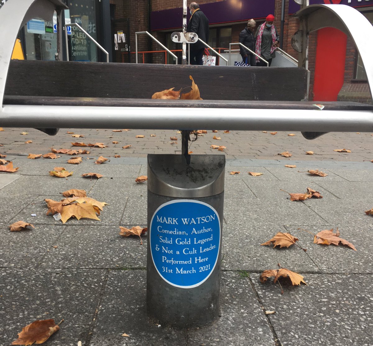 RadioKate's tweet image. Good morning! How are you feeling? I’ve just had my Covid booster. A little early, but might as well take a silver lining from having to have chemo eh? Popped to local library for jab and found evidence of @watsoncomedian! This ‘blue plaque’ made me smile. #StayBright