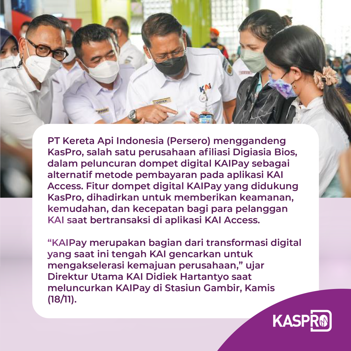 kaspro_id's tweet photo. Hai SobatPro! 

@keretaapikita menggandeng KasPro dalam peluncuran dompet digital KAIPay sebagai alternatif metode pembayaran pada aplikasi KAI Access. https://t.co/huiIQyB1ke