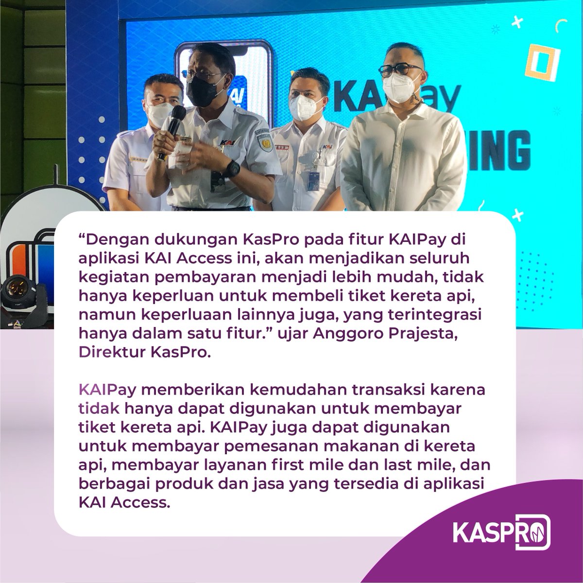 kaspro_id's tweet photo. Melalui KAIPay, pelanggan tidak perlu berpindah aplikasi untuk melakukan pemesanan tiket hingga pembayaran. KAIPay juga dapat digunakan untuk berbagai produk dan jasa yang tersedia di aplikasi KAI Access. https://t.co/wipsfc6rle