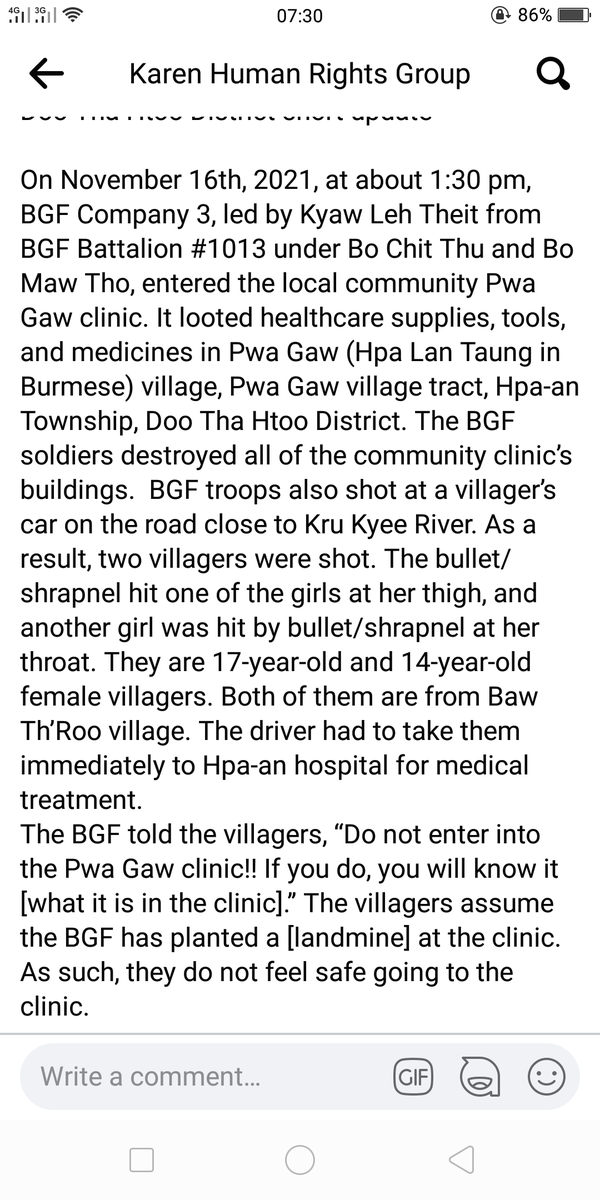 karen_kecd's tweet photo. 2 students ages 14+16 from Baw Th'Roo village have been shot by BGF during its attack on KNU's Pwa Gaw clinic, 1st Bgde this week. They were on their way home from a short school break. They study at Mae Theh Khee high school at Grades 8 and 10. At least 1 of them needs surgery. https://t.co/6lfrLv95am
