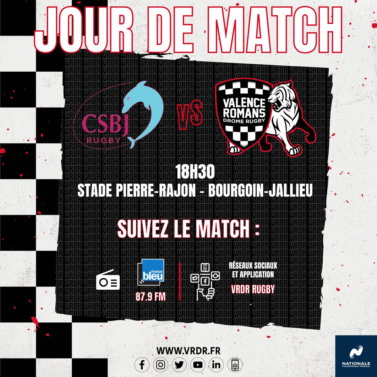 VRDRrugby's tweet photo. [𝗝𝗢𝗨𝗥 𝗗𝗘 𝗠𝗔𝗧𝗖𝗛 💥 : @CSBJ_Officiel ⚡️ 𝗩𝗥𝗗𝗥]

Le VRDR affronte le CSBJ ce soir pour le derby !

🏟 Pierre Rajon, Bourgoin-Jallieu
⌚️ 18h30

❎ Pas de live sur Sportall
📲 Live commenté sur l'appli' &amp; Twitter VRDR
💻 @francebleuDA / 📻 87.9 FM 

#CSBJVRDR https://t.co/3FxVHwAStO