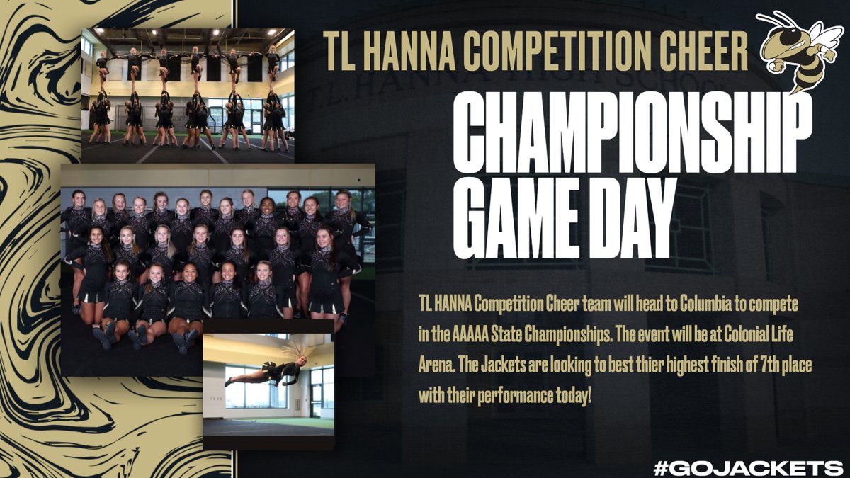 TL Hanna Sports Updates (@tlh_updates) on Twitter photo Good Luck to the TL Hanna Competition Cheer team as they look to best the school's highest placing ever (7th Place) at the AAAAA State Championships today in Columbia! Stick that routine ladies! <a href="/CoachJohnCann/">Coach John Cann</a> <a href="/TLH_Jackets/">TL Hanna High School</a> @tlhanna_ad Good Luck to the TL Hanna Competition Cheer team as they look to best the school's highest placing ever (7th Place) at the AAAAA State Championships today in Columbia! Stick that routine ladies! <a href="/CoachJohnCann/">Coach John Cann</a> <a href="/TLH_Jackets/">TL Hanna High School</a> @tlhanna_ad