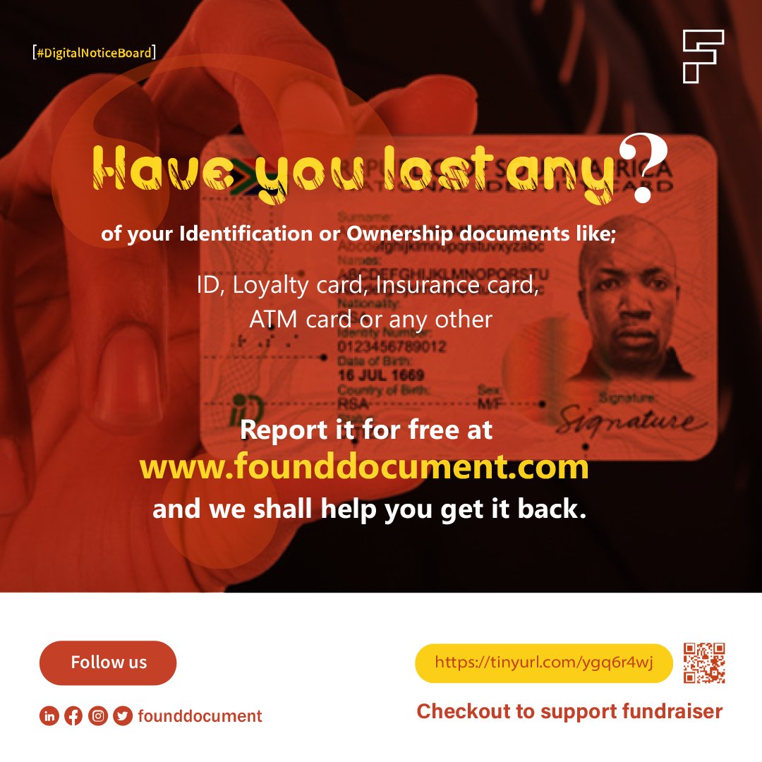 @iatf2021 Has anyone lost their #Identification like an ID, Permit, Passport among others? They can report at founddocument.com and we shall help them get it back starting with notification as soon as it is #found. #DigitalNoticeBoard #IATF2021 #IATF2021