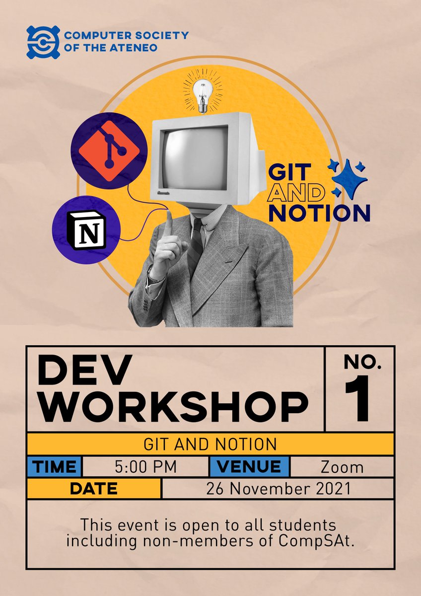 CompSAt's tweet photo. GIT your computers 💻 ready because you can’t say NO(tion) to this opportunity! 🤩

CompSAt presents its very first dev workshop on Git and Notion this coming 26 November 2021 at 5 PM! 

Sign up here to GIT your slot today: https://t.co/QoA4GmQEAQ https://t.co/wTnsUo3Aap