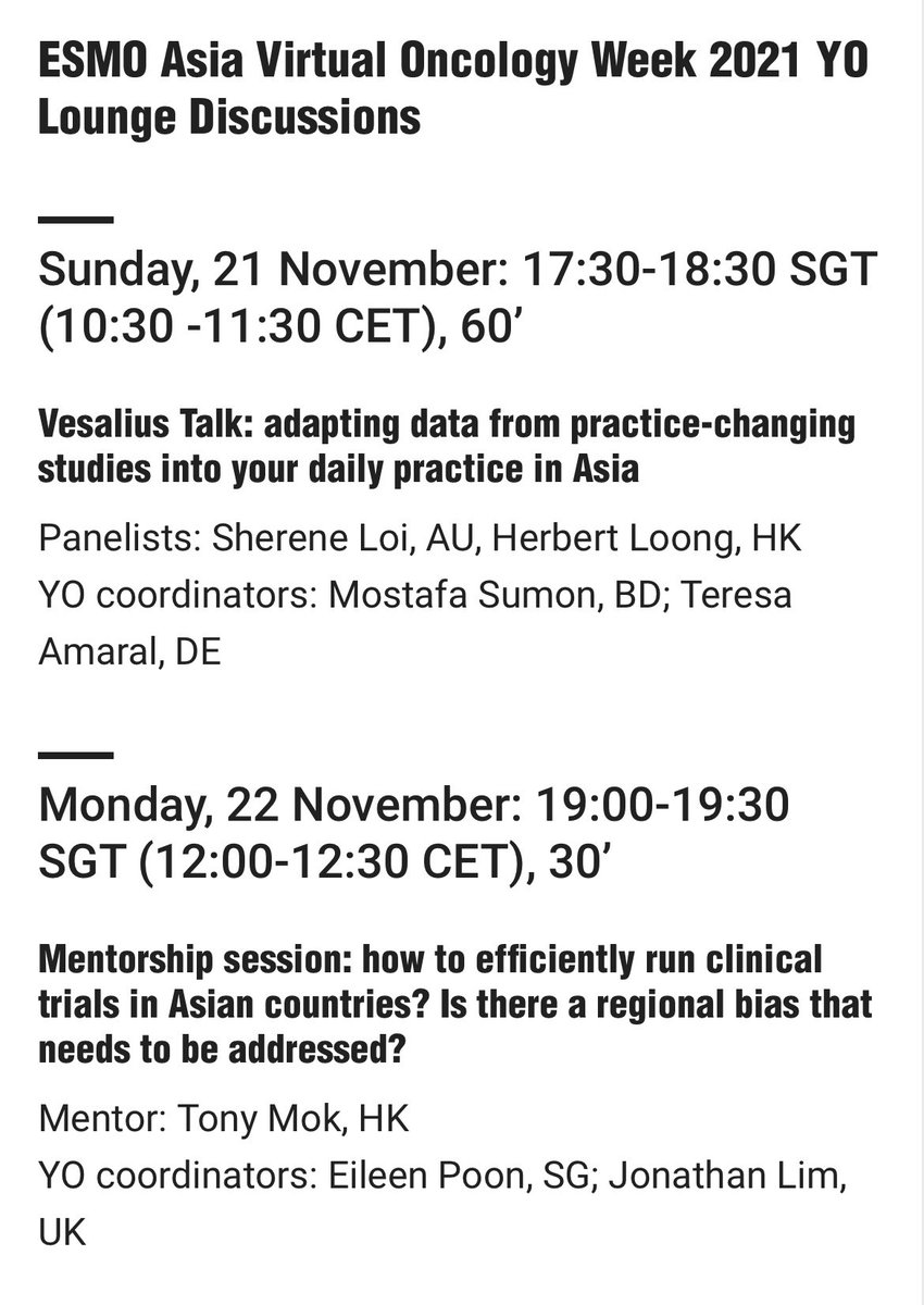 Jon Lim, MRCP PhD (@drjonlim) on Twitter photo 💥 So excited about the upcoming #ESMOYOC sessions at #ESMOasiaweek21:
🗓 Sun 21/11 - Adapting data from practice-changing studies into daily practice in Asia: <a href="/LoiSher/">Sherene Loi, MD</a> <a href="/herbloong/">Herbert Loong, MBBS, FASCO</a>
🗓 Mon 22/11 - Running clinical trials in Asia: <a href="/TonyMok9/">Tony Mok</a>
Hope to see you there. Don’t miss it! 💥 So excited about the upcoming #ESMOYOC sessions at #ESMOasiaweek21:
🗓 Sun 21/11 - Adapting data from practice-changing studies into daily practice in Asia: <a href="/LoiSher/">Sherene Loi, MD</a> <a href="/herbloong/">Herbert Loong, MBBS, FASCO</a>
🗓 Mon 22/11 - Running clinical trials in Asia: <a href="/TonyMok9/">Tony Mok</a>
Hope to see you there. Don’t miss it!