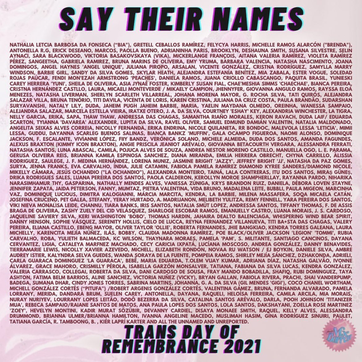 In the last year, at least 375 trans people were murdered, the highest number since records began.

Most were trans women of colour, migrant trans women or trans sex workers.

Today, we commemorate their lives and we commit to action.
#tdor2021
