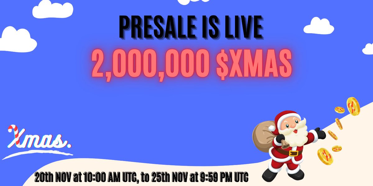 XmascalendarBSC's tweet photo. We are pleased to announce that our Private Sale is now live.🎅🏻
Access to the Gleam competition to be selected for our Xmas Presale.

Xmas Gleam competition: https://t.co/f4SvJr9r8O

More information on Medium article: https://t.co/st1qg5IEae

#Presale #crypto #privatesale #IDO https://t.co/JjOln5QAGp