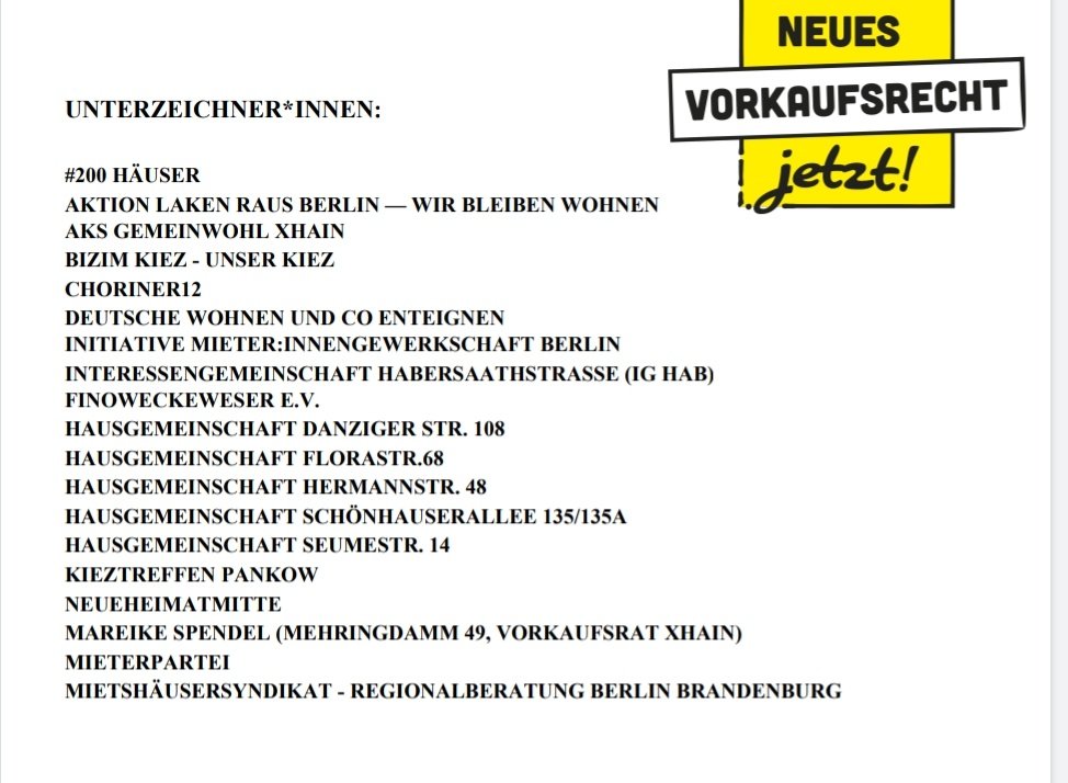 Neues #Vorkaufsrecht jetzt! - mit <a href="/200Haeuser/">200Häuser</a> <a href="/LakenRaus/">LakenRausBerlin ✊🏘✊🏽</a> <a href="/AKS_Gemeinwohl/">AKS Gemeinwohl</a> <a href="/choriner12/">choriner12</a> <a href="/dwenteignen/">Deutsche Wohnen & Co Enteignen</a> <a href="/mg_berlin/">Mieter*innengewerkschaft Berlin</a> <a href="/HeimatNeue/">🏘#NeueHeimatMitte🏘 - NachbarnInitiative</a> <a href="/FinowEckeWeser/">Finow_Ecke_Weser</a> <a href="/DanzigerStr108/">Hausgemeinschaft Danziger Str 108</a> <a href="/florastr68/">Hausgemeinschaft der Florastraße 68</a> <a href="/h48bleibt/">H48bleibt</a> <a href="/135135a/">Schönhauser Allee 135/135A - NeuesVorkaufsrecht!!!</a> @seume14 <a href="/kieztreffen/">Ortsgruppe Pankow MGB</a> @49Mehringdamm <a href="/MieterparteiB/">MIETERPARTEI BUND</a> &amp; #MietshäuserSyndikat Berlin Brandenburg