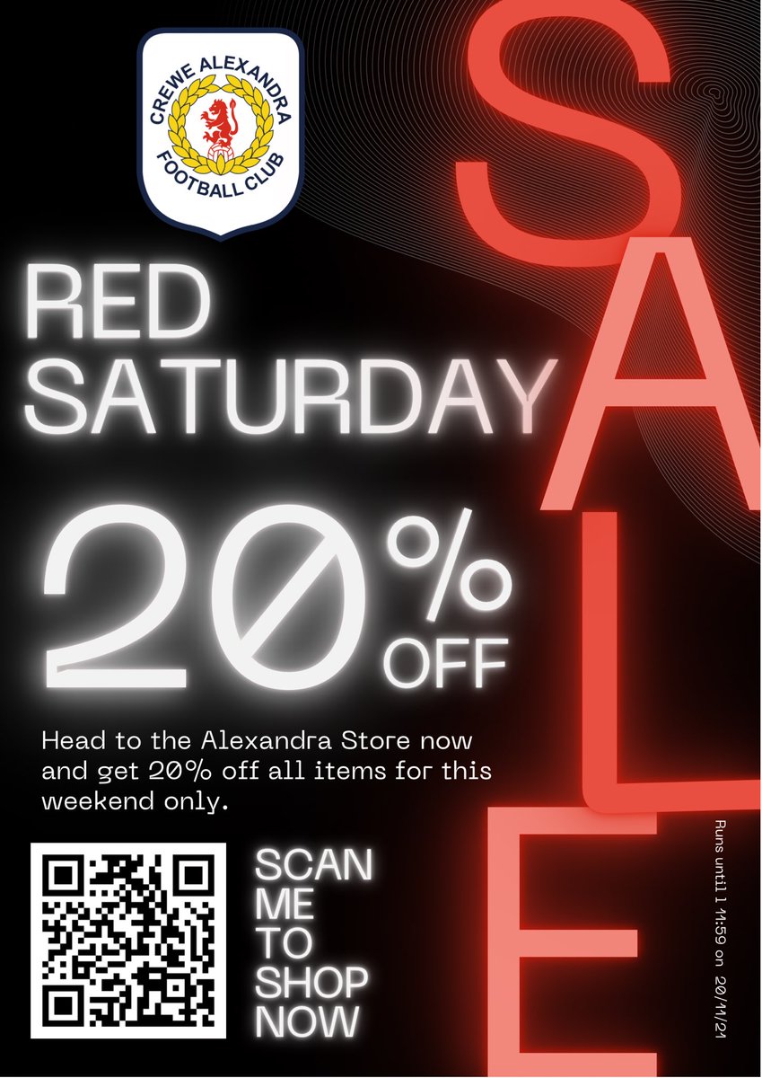 crewealexfc's tweet image. ⚠️ 20% ᴏꜰꜰ ᴇᴠᴇʀʏᴛʜɪɴɢ ⚠️

Red Saturday is LIVE on the @AlexandraStore_ 🔴

👉 bit.ly/3oPh3Gz

#CreweAlex