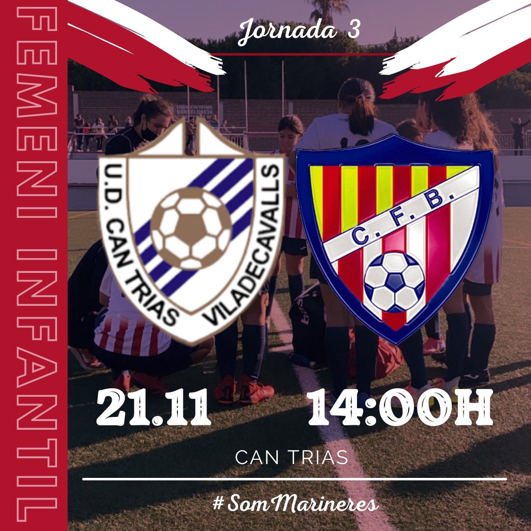 BarcelonetaFem's tweet photo. 🔴⚪️ PROPER PARTIT ✨

Las marineras del Infantil se enfrentan al UD Can Trias en busca de los 3 puntos! 

🗓 Diumenge 21.11
⏰ 14:00H
📍 Can Trias

A por todas chicas! 

#SomMarineres ❤️🤍⚓️ https://t.co/5Z9MkzuJUD