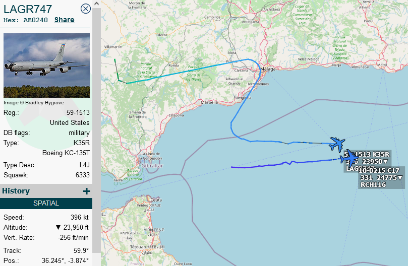 SirListenalot's tweet photo. I don't think #C17 #AE4D68 as #RCH116 wanted to be seen! Last noted on ADSBx on the 17th. Today en route from Pope via Oceana to ... getting gas from #KC135 #AE0240 as #LAGR747 (round trip Moron) https://t.co/pHkRMdDeAw