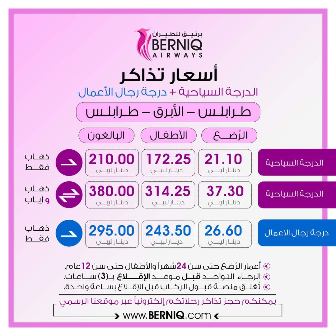 Berniqair's tweet photo. مســافـــرينا الكـــرام ...

شركة برنيق للطيران تفيدكم بإستئناف رحلاتها عبر محطاتها بمطارات ( بنينا / الأبرق / معيتيقة ) و ذلك بعون الله إعتباراً من يوم الاحد 21 نوفمبر 2021 بجدول رحــلات بيانه كما هو مرفق مع المنشورI https://t.co/trOc4owOKa