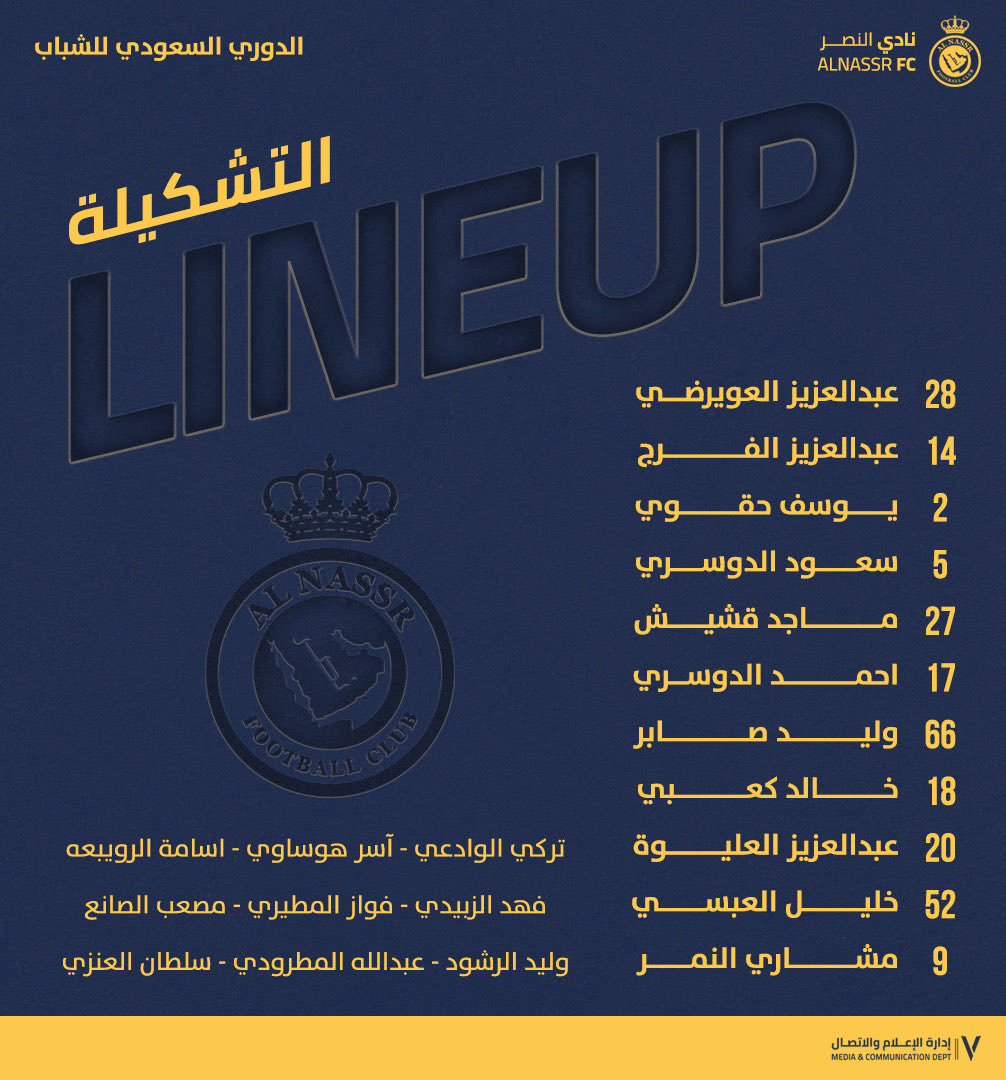 AlNassrFC's tweet photo. 📄|| تشكيلة شباب #العالمي لمواجهة عرعر 
  
بالتوفيق يا #عالميين 💛 https://t.co/7JKiYifhOy