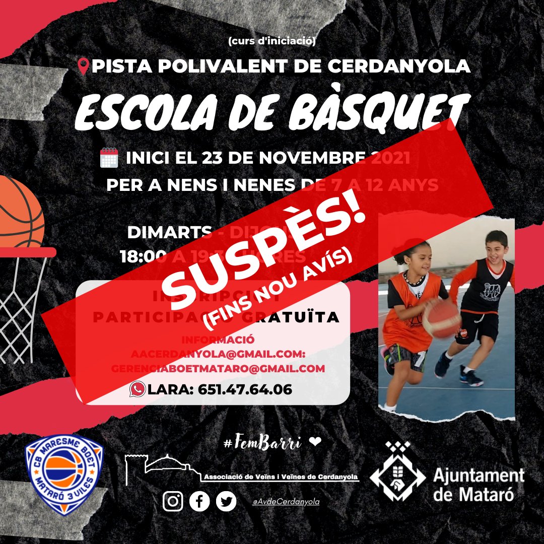 AVdeCerdanyola's tweet photo. L'Associació de Veïns de Cerdanyola i @cbmaresmeboet3v informen:

L’activitat programada conjuntament per impartir classes de bàsquet als nens i nenes del barri de Cerdanyola gratuïtament no es podrà realitzar per qüestions alienes a ambdues entitats. Disculpeu les molèsties. https://t.co/ZWViP40hCR