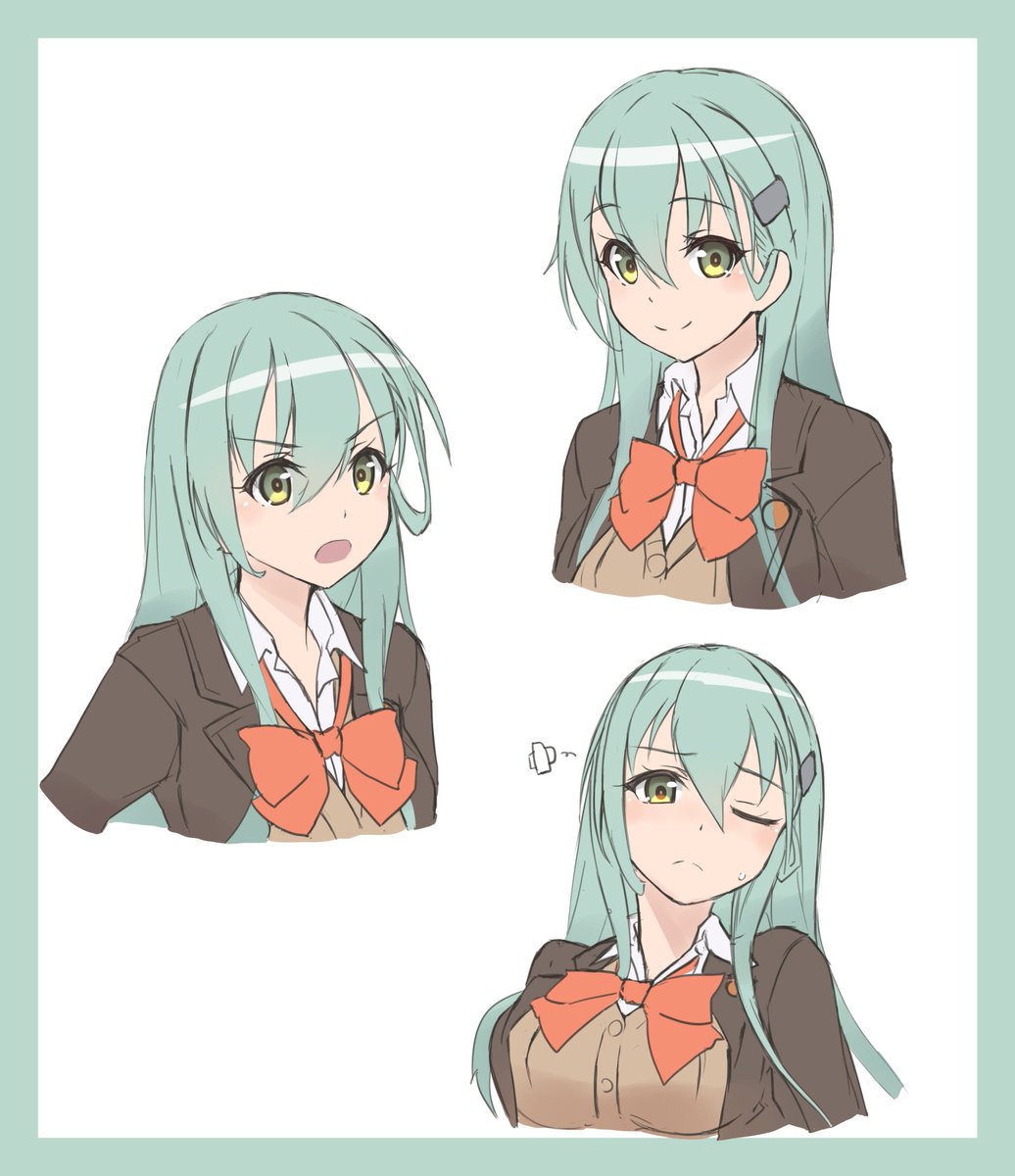 suzuya (kancolle) 1girl long hair hair ornament hairclip multiple views aqua hair jacket  illustration images