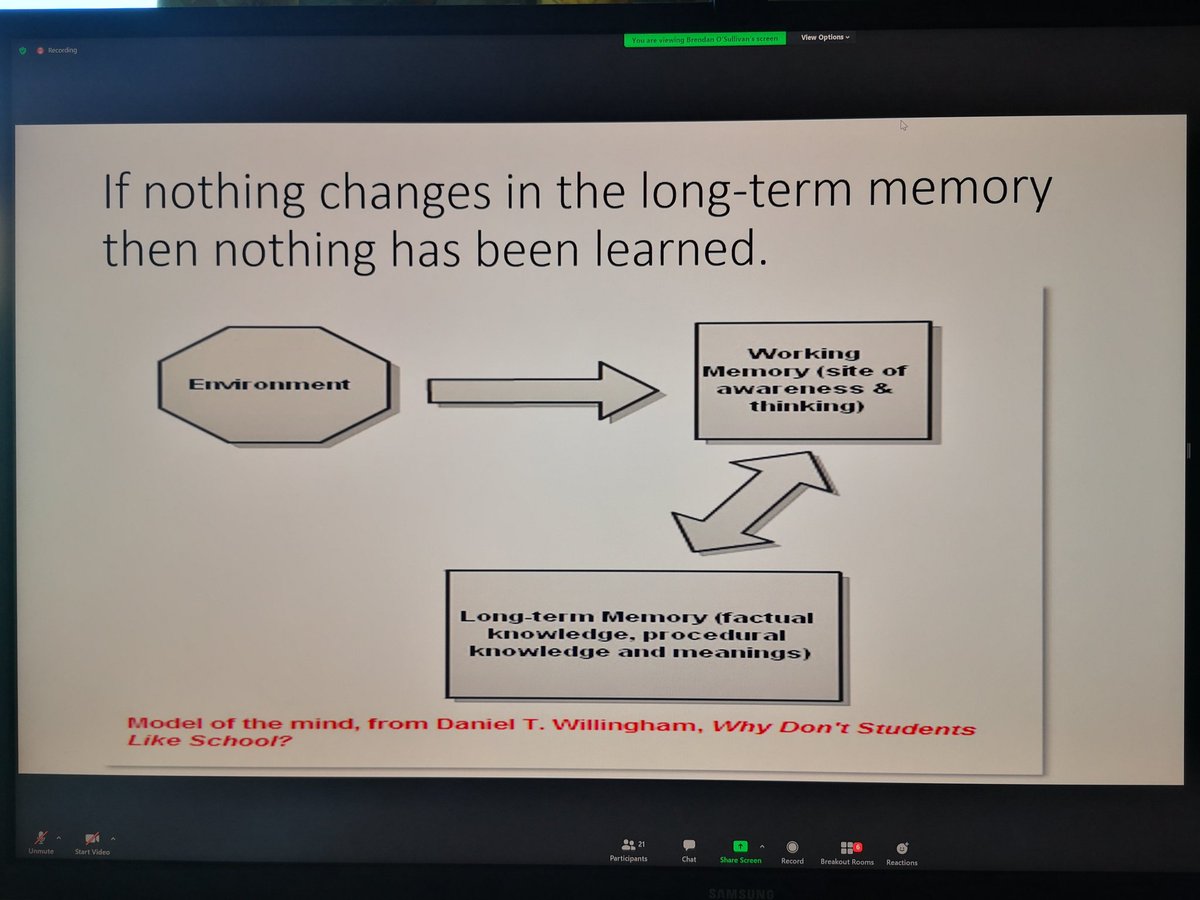 DrAibhin's tweet photo. We need to think bout how we present information and how they engage with it. @ImtaBrendan talking about memory processing. #mathsFest21 @imtanational https://t.co/VH8kzBADsD