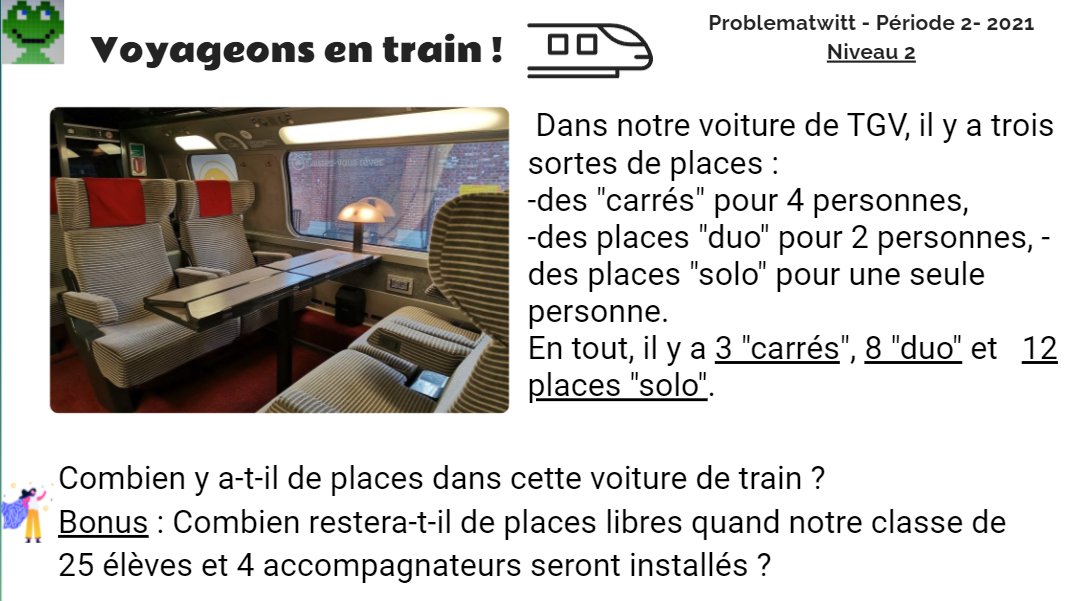 ProblemaTwitt's tweet image. Bonjour à tous ! 
Pour cette période (P2), nous prenons le 🚆TGV ! 🚄
Inscriptions Cycle 2 &amp;amp; 3 pour trouver une classe partenaire ici : sites.google.com/view/problemat…

Les problèmes : view.genial.ly/6198d049b392cd…

Bons problèmes à tous !