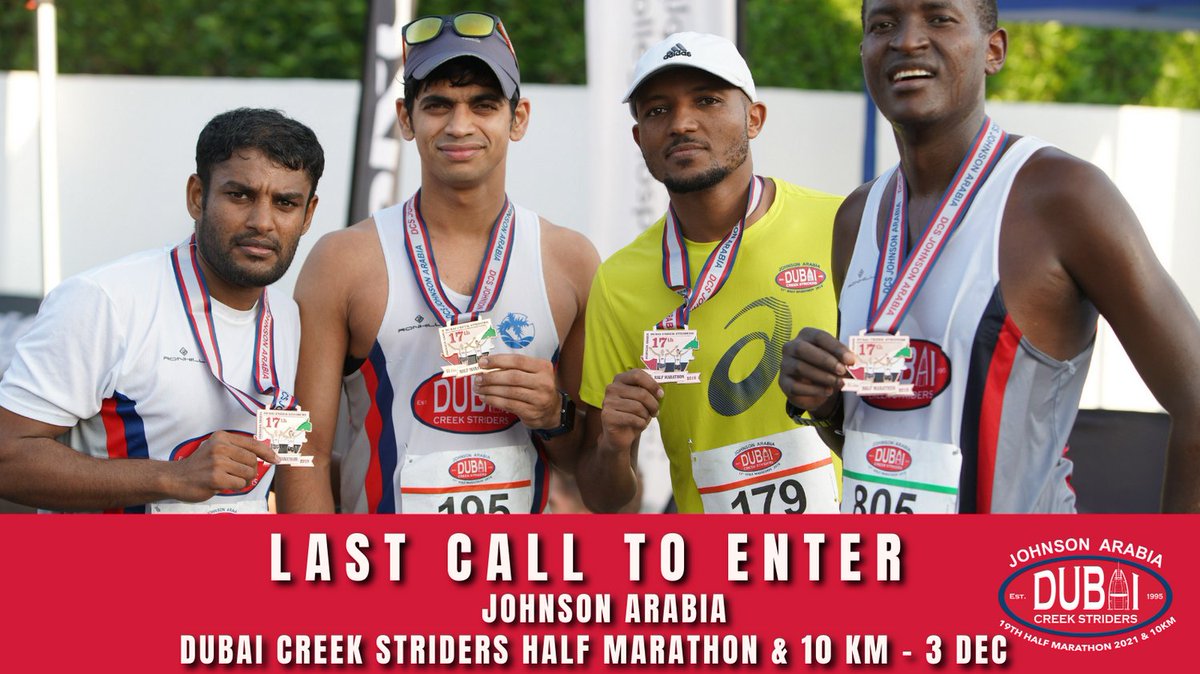 HOT OFF THE PRESS! 
Due to popular demand, we have reopened LIMITED ENTRIES to the Johnson Arabia Dubai Creek Striders Half Marathon &amp; 10km 
Hurry up and secure you entry via <a href="/Hopasports/">Hopasports</a> NOW!
Every runner will receive 
1. ASICS Tech Race Shirt 
2. Medal
3. Photos 
and much more