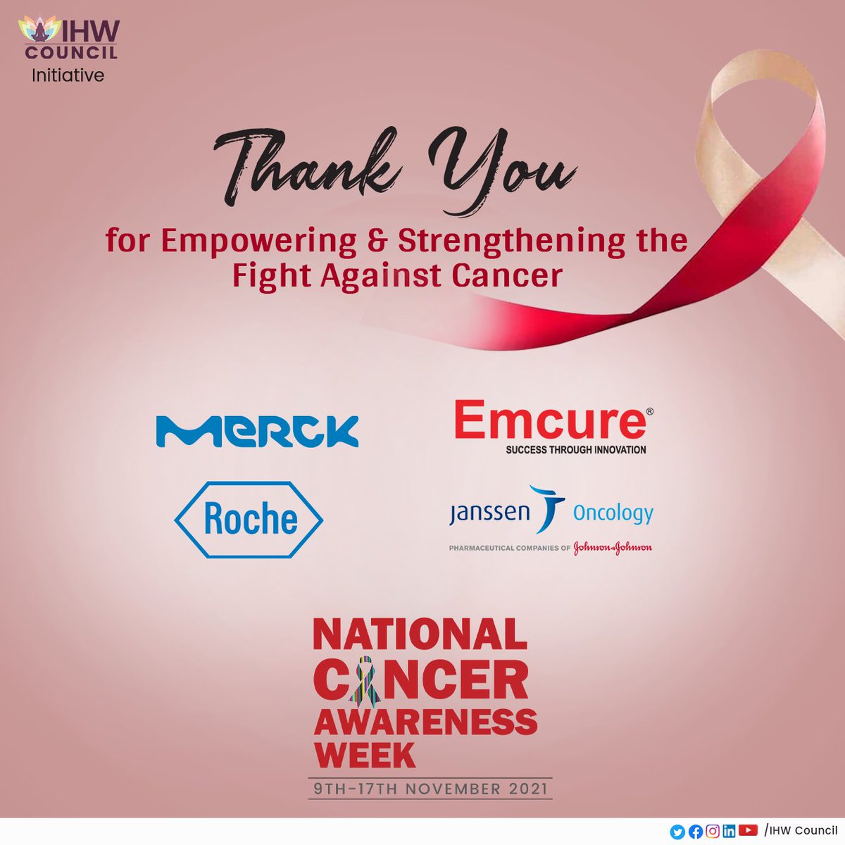 IHWCouncil's tweet photo. A week-long cancer awareness movement comes to an end! Thanks to all the partners who made it possible! Together, let's fight and win the war against #Cancer!
#NationalCancerAwarenessWeek #LetsBeAware @MerckIndia @EmcurePharma @RocheIndia @JanssenGlobal #CancerAwareness https://t.co/ARRilIQNZv