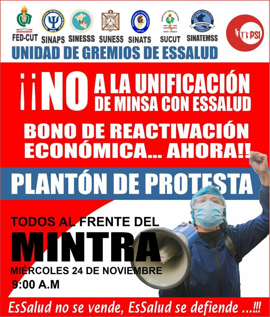 sunessessalud's tweet photo. UG de @EsSaludPeru presente planton frente  @MTPE_Peru #24Noviembre9am #BonoReactivación #NoAlaUnificacion con @Minsa_Peru #EsSaludSeDefiende
@PedroCastilloTe @MirtyVas @BetssyChavez @pcmperu @congresoperu @FedCut @SinesssPeru @SinatemssPeru @sinapsessalud @ISP_Peru @uniamericas https://t.co/sV2VZUpcKc